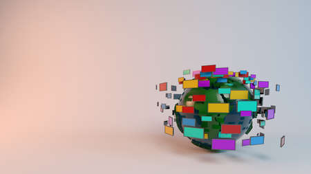 Media technologies concept: screens and TVs in front of earth sphereの写真素材