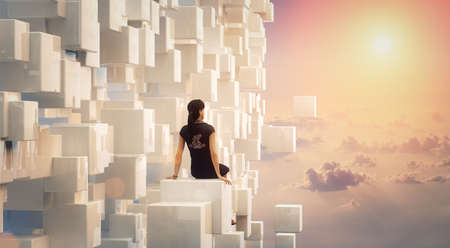 3D Businesswoman looking and dreaming  about the future inside an amazing scene with clouds