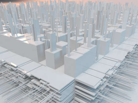 White complex city with reflection and many details. 3d futurist city with buildings on gray...