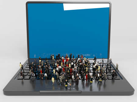a lot of 3d characters on a laptop inside a white stageの写真素材