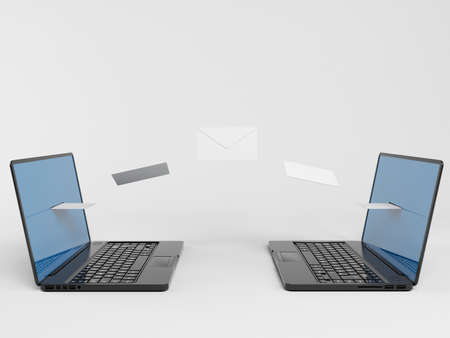 two laptops communicating mails with envelopes in a white 3d stage.