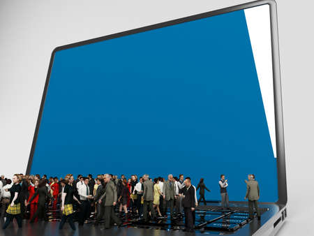 3d characters on a laptop inside a white stageの写真素材