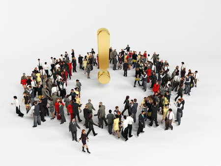 3d characters around a golden exclamation mark inside a white stageの写真素材