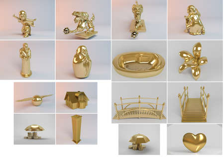 Big 3d collection of golden objects rendered with high quality and details which can also be isolated easily.の写真素材