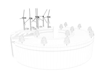 3d wireframed scene inside a white  scene with outlined lines