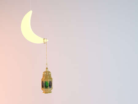 Ramadan Kareem 3d illustration with a moon and a lantern attached to it