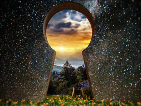 3D Businesswoman looking and dreaming about the future inside an amazing scene with clouds