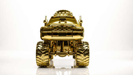 golden 3d rendering of a big car inside a studio