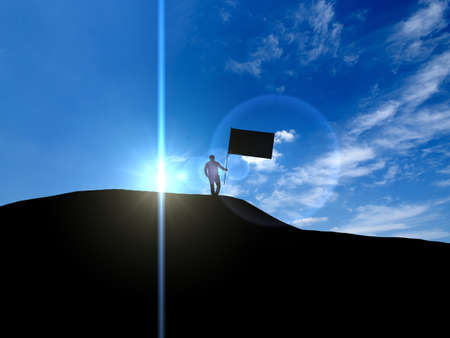 3d illustration business, success, leadership, achievement and people concept - silhouette of businessman with flag on mountain top over sky and sun light backgroundの写真素材