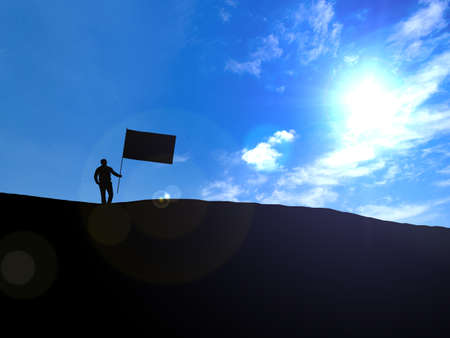 3d illustration business, success, leadership, achievement and people concept - silhouette of businessman with flag on mountain top over sky and sun light backgroundの写真素材