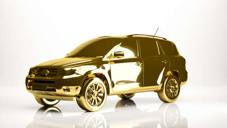 golden 3d rendering of a car inside a studioの写真素材