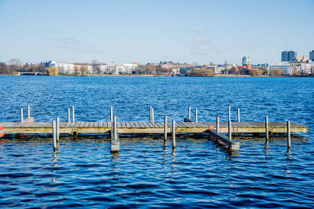 wooden bridge on the waterの写真素材