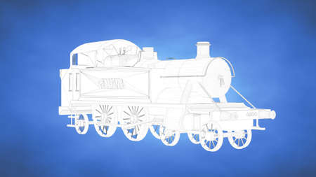outlined 3d rendering of a train inside a blue studio