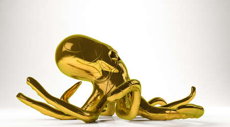 golden 3d rendering of an octopus isolated on whiteの写真素材