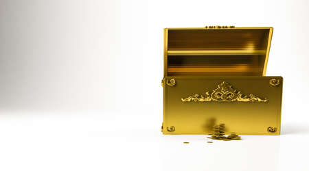 golden 3d rendering of a gold chest isolated on whiteの写真素材