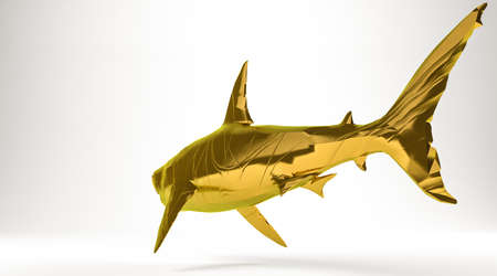 golden 3d rendering of a shark isolated on whiteの写真素材