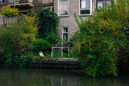 green landscape view with grass water and blue skyの写真素材