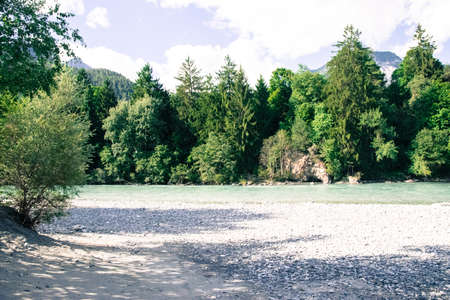 wonderful lake view with background green mountain in Europeの写真素材