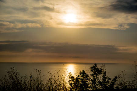 wonderful sunset with natural elements on the road in Europeの写真素材