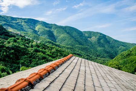 a view in Europe with a building on a sunny dayの写真素材