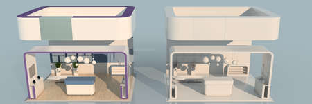 3d rendering of two exhibition one with colors and one just white for branding