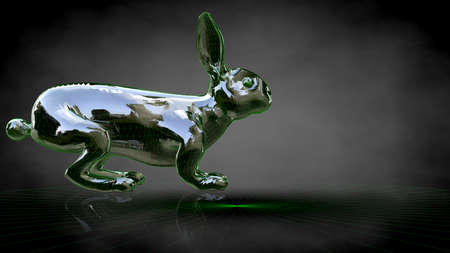 3d rendering of a reflective rabbit on a dark black backgroundの写真素材