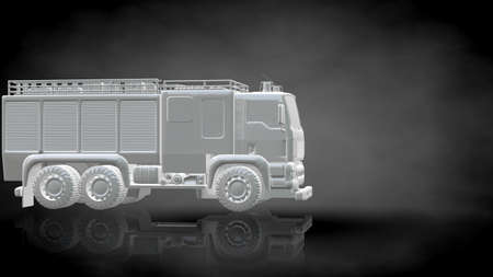 3d rendering of a reflective fire fighter car on a dark black backgroundの写真素材