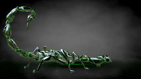 3d rendering of a reflective scorpion on a dark black backgroundの写真素材