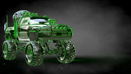 3d rendering of a reflective big car on a dark black backgroundの写真素材