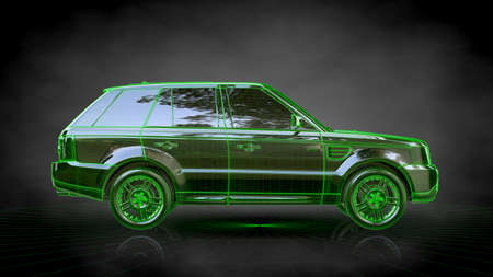 3d rendering of a car with green outlined stroke on a balck backgroundの写真素材