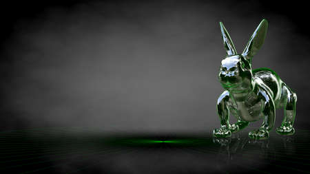 3d rendering of a reflective rabbit on a dark black backgroundの写真素材