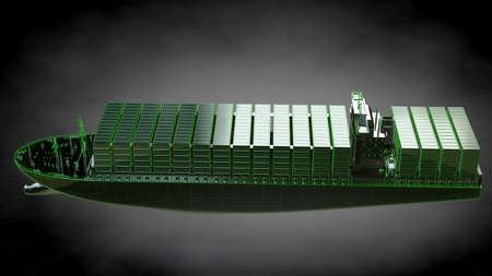 3d rendering of a reflective huge cargo ship with green outlined lines as blueprint on dark...