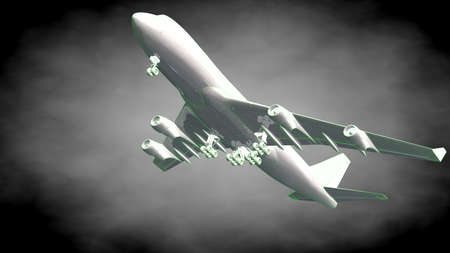 3d rendering of a reflective airplane with green outlined lines as blueprint on dark backgroundの写真素材