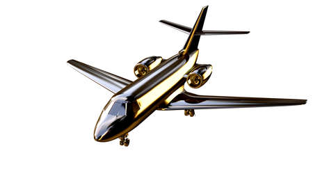 3d rendering of a golden airplane on isolated on a white backgroundの写真素材