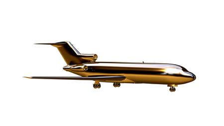 3d rendering of a golden airplane on isolated on a white backgroundの写真素材