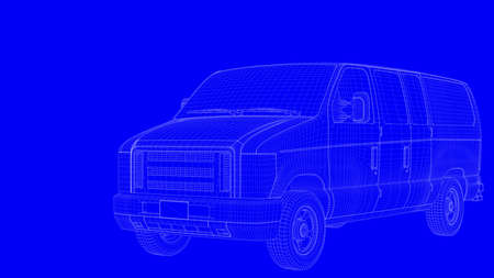3d rendering of a blue print car in white lines on a blue backgroundの写真素材