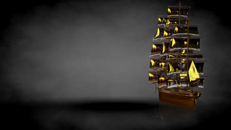 3d rendering of a golden pirate boat on a dark backgroundの写真素材