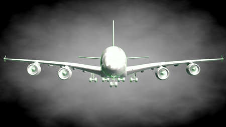 3d rendering of a reflective airplane with green outlined lines as blueprint on dark background