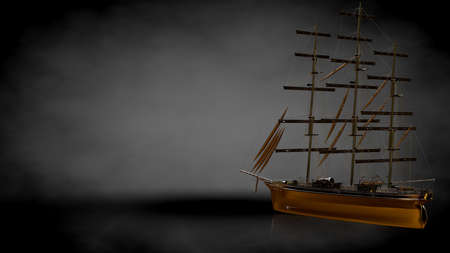 3d rendering of a golden pirate boat on a dark backgroundの写真素材