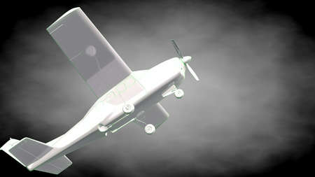 3d rendering of a reflective airplane with green outlined lines as blueprint on dark background