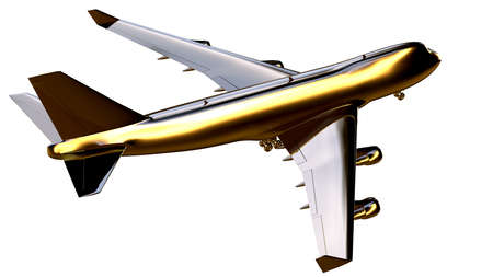 3d rendering of a golden airplane on isolated on a white backgroundの写真素材