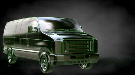 3d rendering of a reflective car with green outlined lines as blueprint on dark backgroundの写真素材