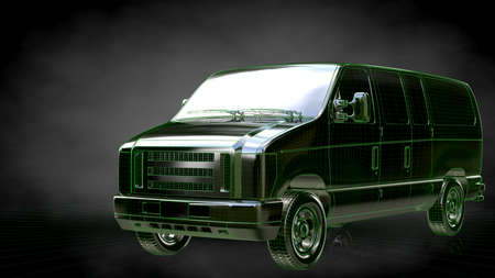 3d rendering of a reflective car with green outlined lines as blueprint on dark backgroundの写真素材