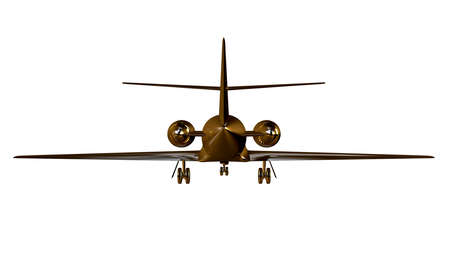 3d rendering of a golden airplane on isolated on a white backgroundの写真素材