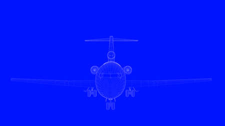 3d rendering of a blue print airplane in white lines on a blue backgroundの写真素材
