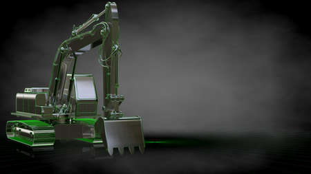 3d rendering of a reflective digger with green outlined lines as blueprint on dark backgroundの写真素材