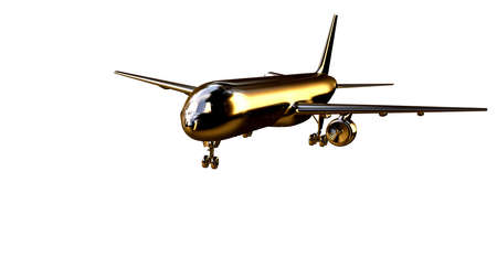 3d rendering of a golden airplane on isolated on a white backgroundの写真素材