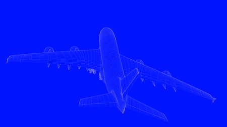 3d rendering of a blue print airplane in white lines on a blue backgroundの写真素材