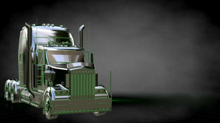 3d rendering of a reflective truck with green outlined lines as blueprint on dark backgroundの写真素材