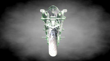 3d rendering of a reflective motor with green outlined lines as blueprint on dark background